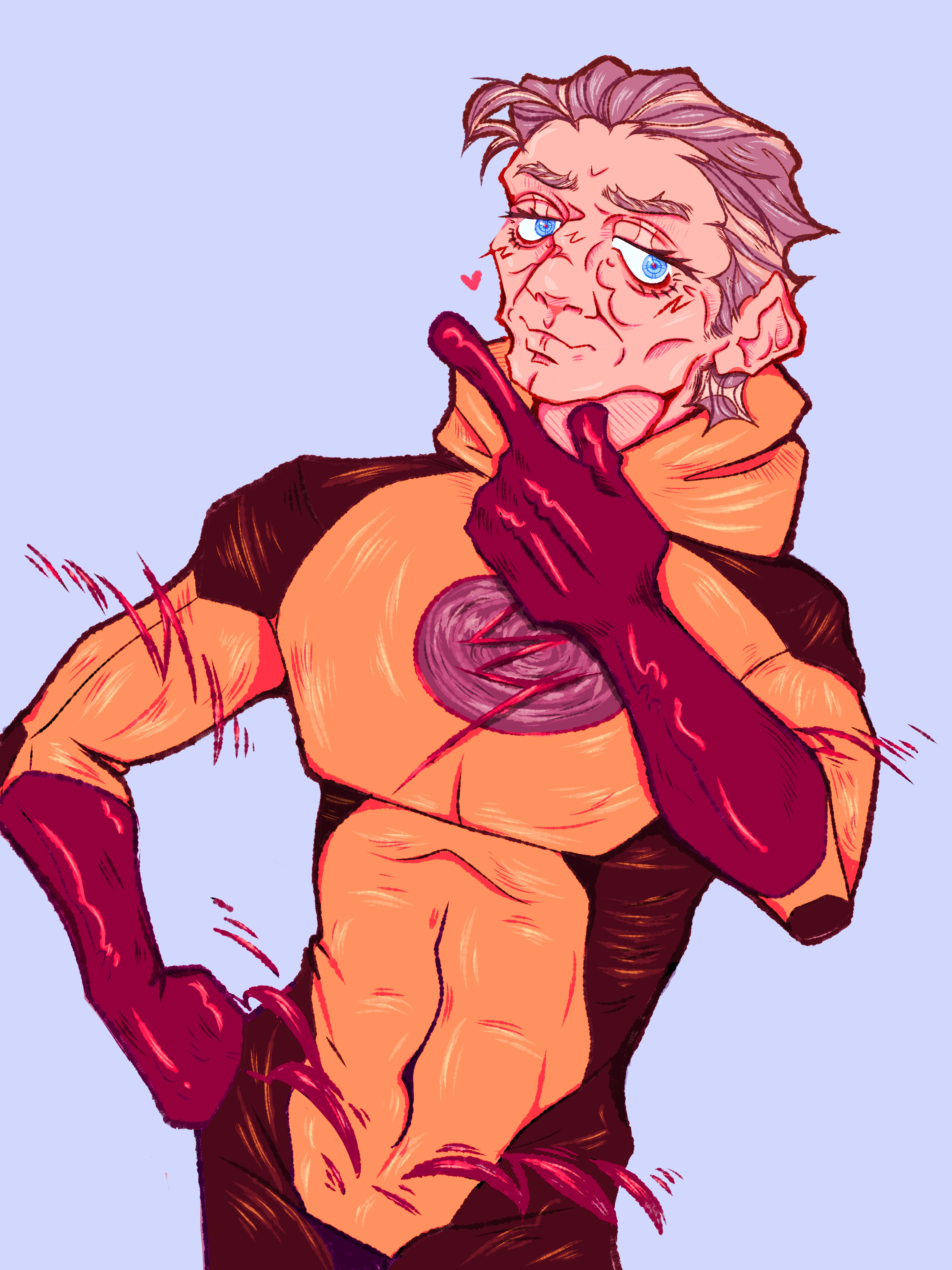 a waist-up portrait of Eobard looking older. His hip is cocked and his hand rest casually on it, with his other hand resting curiosly at his chin.